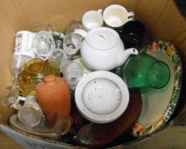 A box containing a quantity of ceramics and glassware including vases, bowls, etc.