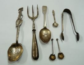 A bag containing an ornate 800 grade foliate pattern spoon, silver handled muffin fork, sugar