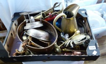 A box containing a quantity of metalware including copper planter, brass companion set, etc.