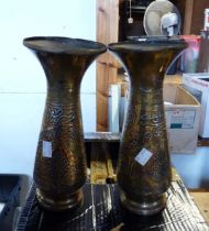 A pair of brass vases with copper and plain metal decoration in elaborate pattern with Islamic