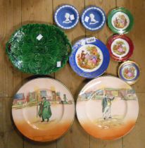 A small quantity of ceramic plates including Royal Doulton Dickens Ware, green majolica leaf dish,