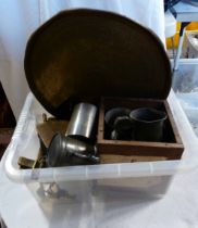 A crate containing a quantity of metal items including pewter tankard, brass tray, etc.