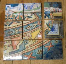 A vintage nine tile ceramic part panel with hand painted table top scene on old tile blanks