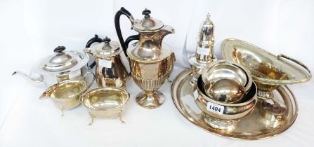 A quantity of silver plated items including cake basket, sugar caster, four piece tea set, etc.
