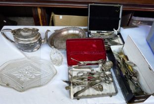 A crate containing a quantity of silver plated and other items including teapot, cased and loose
