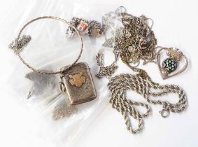 A bag containing silver and white metal jewellery, also a silver vesta case - dents