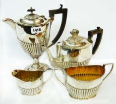 A silver plated four piece tea set of semi-reeded oval design - bearing 'Thorley Special Prize'