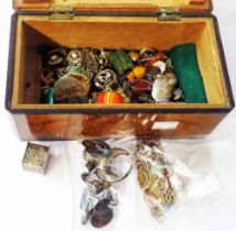 An antique inlaid mixed wood lift-top box containing pique work and other part jewellery items,