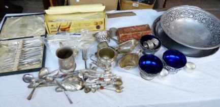 A box containing a quantity of silver plated items including cutlery, teaware, etc.