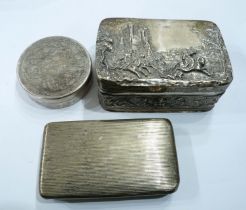 Three foreign white metal collectable boxes comprising a Dutch snuff box with ribbed decoration, a