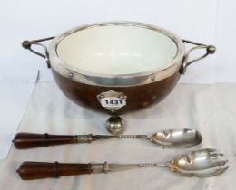 An oak salad bowl with silver plated mounts and ceramic liner a/f, also a pair of Mappin & Webb