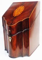 A late Georgian inlaid mahogany and strung knife box carcass with shell motif top the slope top