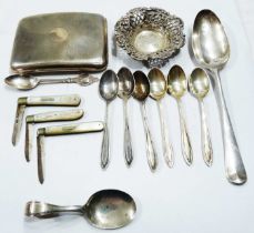 A silver cigarette case (dents) - sold with a silver bon bon dish, set of six coffee spoons, caddy