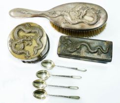 Wang Hing: a harlequin part dressing table set of Chinese silver comprising a 9cm diameter