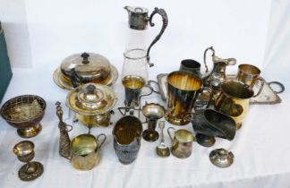 A crate containing a quantity of silver plated items including muffin dish, tankards, teaware, etc.