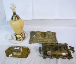 A cast brass double inkstand with Rococo decoration, a pressed brass single example with brass