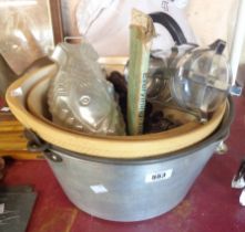 A collection of vintage kitchen items including preserving pan, fish jelly mould, two ceramic mixing