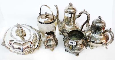 A silver plated four piece tea set - sold with an entree dish and cut glass biscuit barrel with