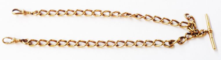 A 375 (9ct.) gold double Albert watch chain with T-bar, one original lobster clasp and one plated