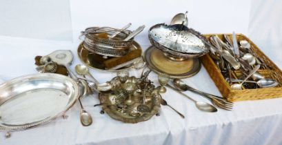 A box containing a quantity of silver plated items including a six place egg cruet, dressing table
