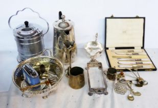 A box containing a quantity of silver plated items including biscuit barrel, pierced dish, hot water