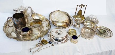 A box containing a quantity of silver plated items including entree dish, tea tray, etc.