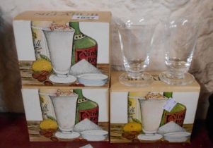 Three boxed pairs of vintage Dartington Glass syllabub glasses, designed by Frank Thrower