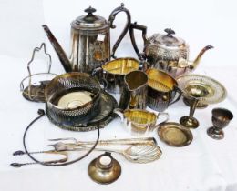 A box containing a small damaged silver capstan inkwell and a quantity of silver plated items