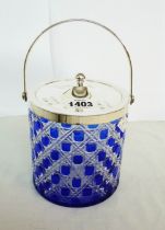 A reproduction blue flash-cut glass biscuit barrel with plated mounts and lid