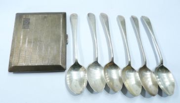 A set of six silver teaspoons with bowling interest terminals - sold with a silver cigarette case