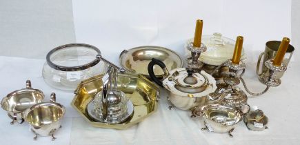 A quantity of silver plated items including twin branch three light candelabrum, three piece tea