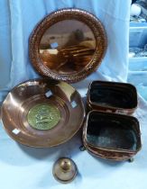 A quantity of copper items including copper dish with an embossed brass central panel, depicting a