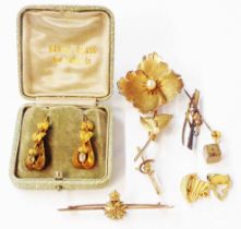 A bag containing three yellow metal bar brooches including one maritime, also gilt and yellow