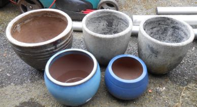 Five assorted glazed ceramic garden pots