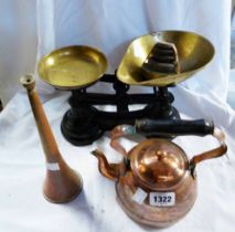 A vintage set of scales and weights - sold with a copper kettle and a small hunting horn