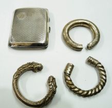 A silver cigarette case with 'D' initial - sold with three ethnic heavy white metal bangles