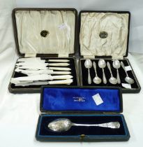 A cased set of six Birmingham silver teaspoons - sold with a cased Victorian silver spoon with