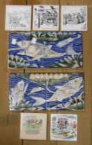 Four modern tiles, decorated with a William De Morgan scene, depicting fish - sold with five vintage