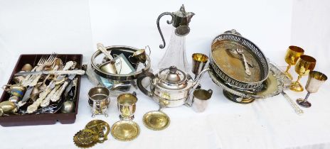 A box containing a quantity of silver plated and other items including cake basket, gallery tray,