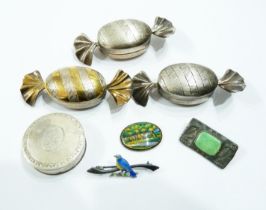 Three modern silver novelty boiled sweet form pill boxes - sold with a Georgian silver patch box,