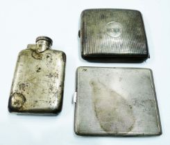 A silver hip flask with bayonet screw cap - Birmingham 1930 - sold with two silver cigarette cases