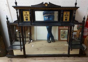 A 1.4m Aesthetic Movement ebonised wood overmantel mirror with parcel gilt and lacquered floral