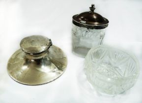 A silver capstan inkwell with damage to hinged lid - sold with a silver flip-top cut glass mustard