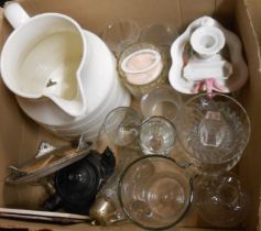 A box containing a quantity of ceramics and glassware including large 19th Century milk jug (a/f),