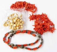 Two natural orange coral necklaces - sold with another with marked 'sterling' mounts and a