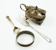 A silver flip-top mustard pot with damaged blue glass liner, silver fork, etc.