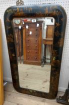 A vintage chinoiserie framed wall mirror with gilt decoration on japanned ground, rounded corners