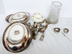 A box containing a quantity of silver plated and other items including entree dishes, cutlery,