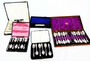 A cased set of six silver teaspoons - sold with other silver plated items comprising fish servers,