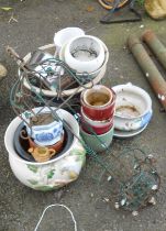 A quantity of assorted ceramic plant pots - sold with a hanging potholder, etc.